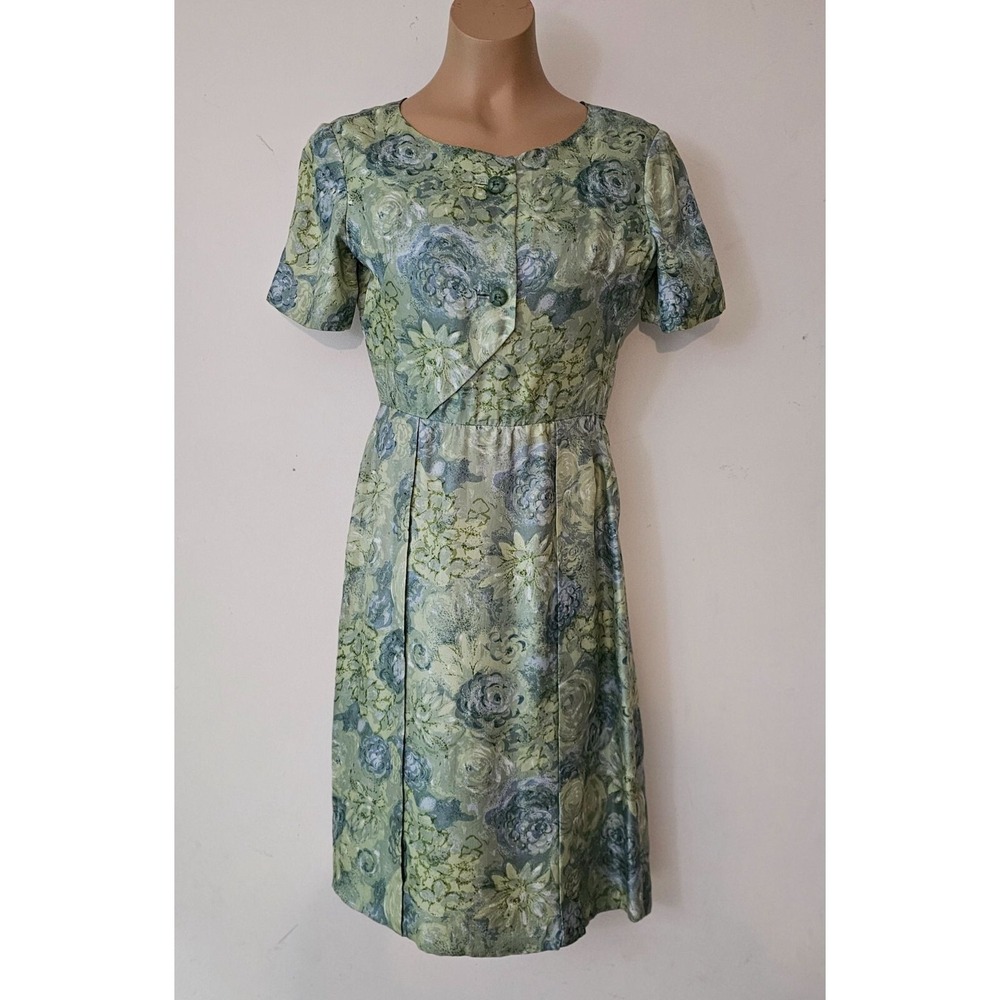 Vintage 50s 60s Sage Green Blue Floral‎ Satin Brocade Dress sz 4-5